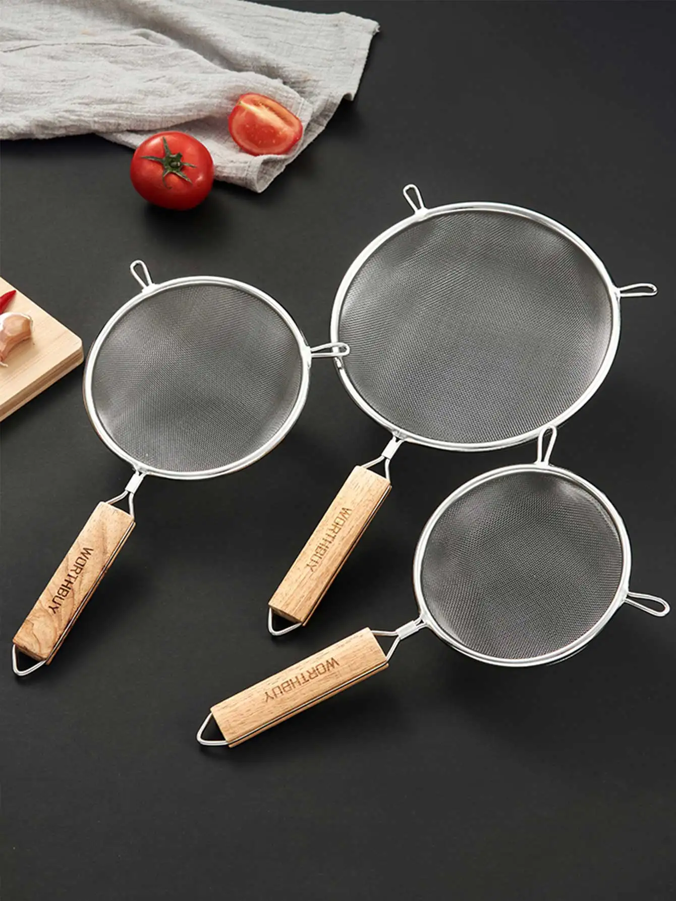 WORTHBUY Stainless Steel Strainer Sieve Wooden Grain Handle Juice Egg