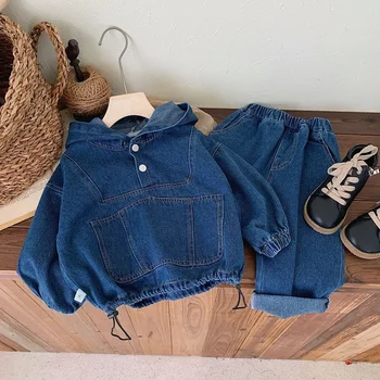 Abbigliamento per bambini Primavera e autunno, felpa con cappuccio in denim da ragazzo, set top e pantaloni a maniche lunghe in tinta unita Baoyang da donna