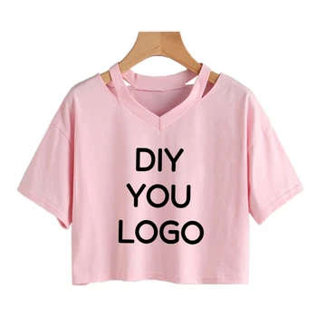 Your Exclusive DIY Print Pattern Customize Summer Shoulder Hollow Sexy T-shirt V-neck Women's Short Sleeved Women Crop top 1