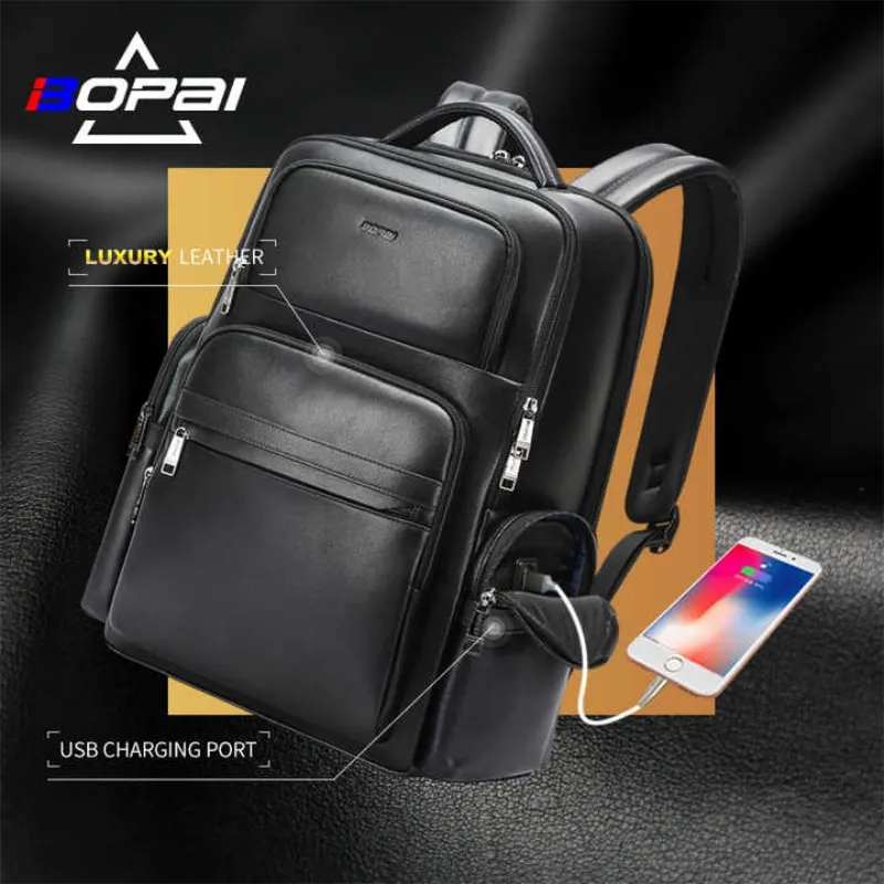BOPAI Wholesale  large Capacity Business 15.6 Inch Laptop Usb Charging Custom Bag Pack Men Luxury Travel Genuine Leather Backpac 4