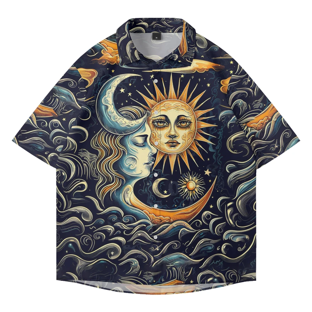Abstract style casual creative design men's short-sleeved shirt summer loose large size thin lapel shirt