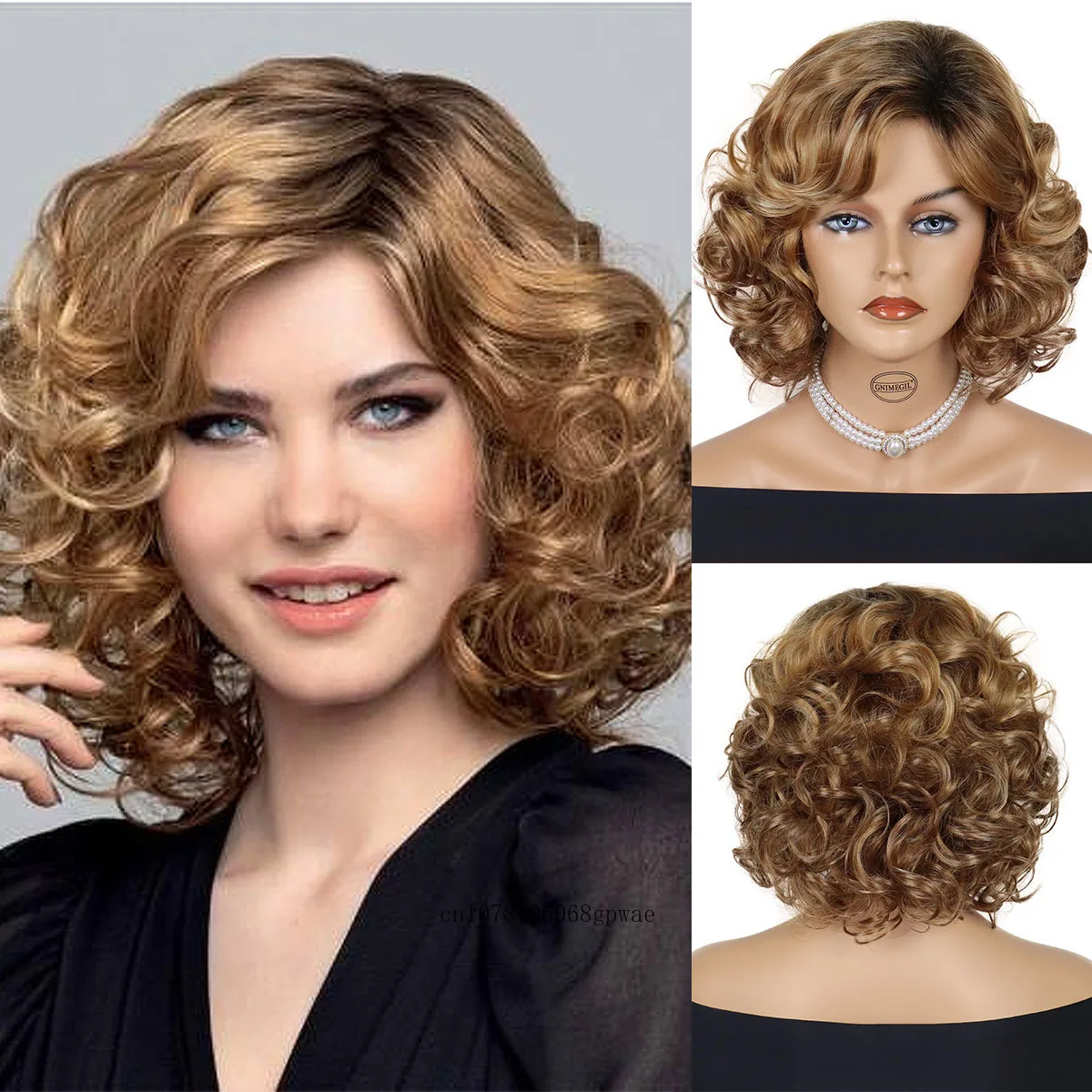 Short Curly Wigs for Women Synthetic Ombre Brown Bob Wig Ladies Luxury Fluffy Hairstyle Daily Cosplay Party Mommy Wig with Bangs ladies short omber black synthetic wig straight wig with bangs heat resistant fiber for women daily party use