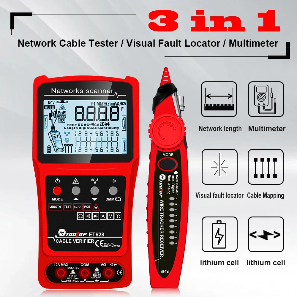 

TOOLTOP Network Cable Tester Multimeter 10KM Visual Fault Locator 3 in 1 Structure Cabling LAN Line Finder Tracker Rj45 POE Test