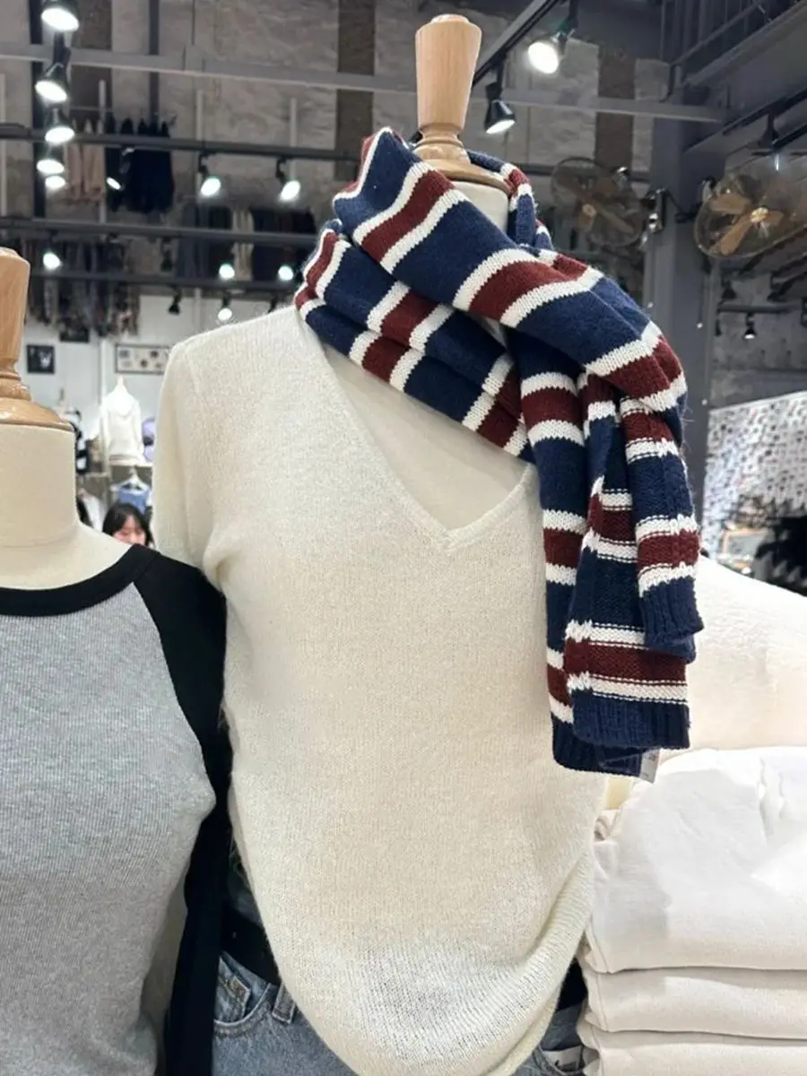 Striped Knitted Scarf for Woman Autumn Winter Unisex Long Size Casual Vintage Sweet Preppy Style All-match Cotton Scarves