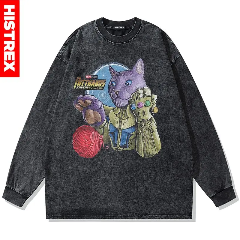 

Anime Cat Sweatshirt Men,Funny Vintage Streetwear Pullover,Hip Hop Long Sleeve Washed Tee,100% Cotton Tops,Y2k Oversized T Shirt