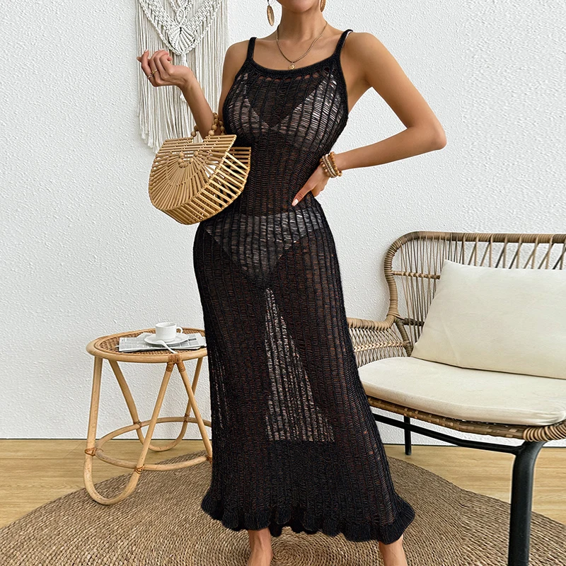 Solid Maxi U Collar Beach One Piece Party Dress Latest Women Full Yellow Long Dress Ladies See Through Knitted Sling beach suit