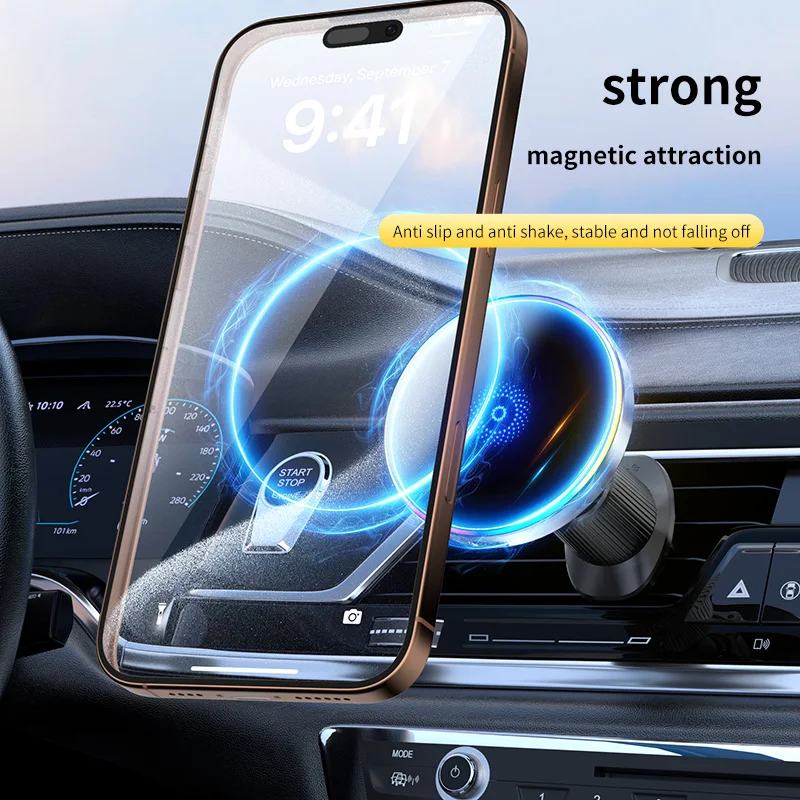 15W RGB Magnetic Wireless Charger Air Vent Phone Stand For Magsafe iPhone 17 16 15 14 13 12 Pro Max Fast Charging Station Mount