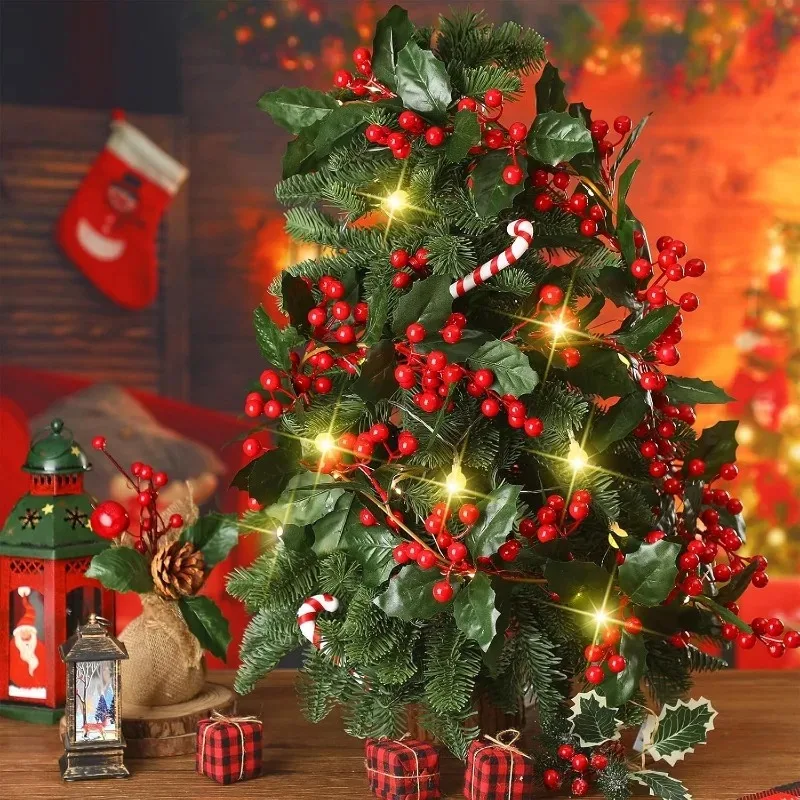 Artificial Plants Christmas Holly Berry Vines Fake Green Leaves Hanging Garlands with Light Strings for Home Party Xmas Decor