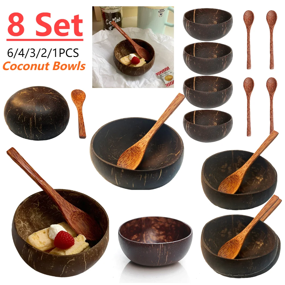 1-8sets Natural Coconut Bowl Handmade Wooden Wood Spoon Dessert Fruit Salad Mixing Rice Ramen Bowl Tableware Kitchen Dinnerware