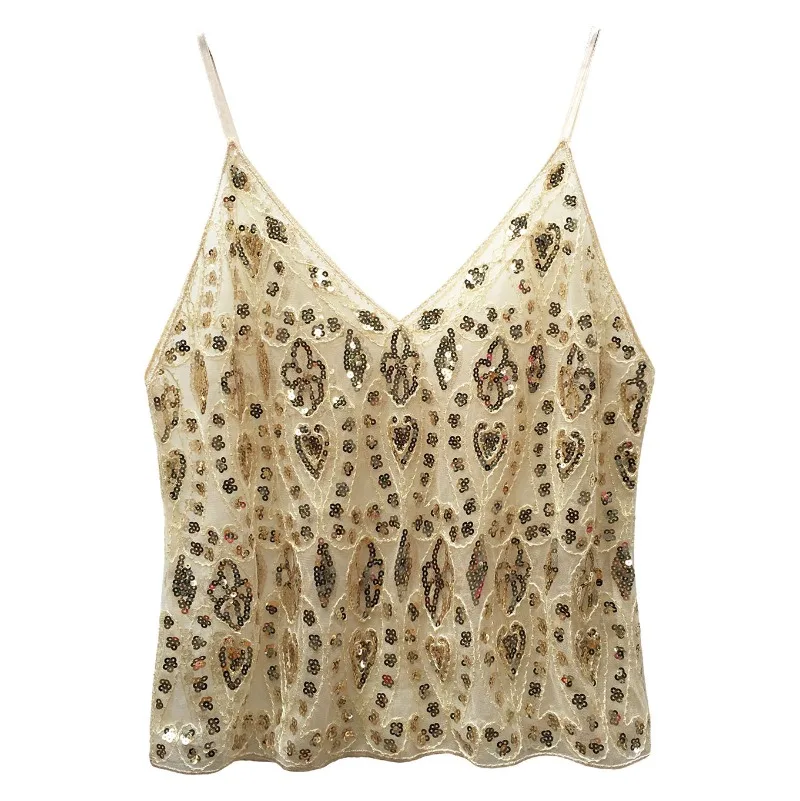 Trendy Sequins Beads Flower Pattern Vests Women's Sleeveless Open Back V Neck Camisoles See-Through Chic Summer Camis