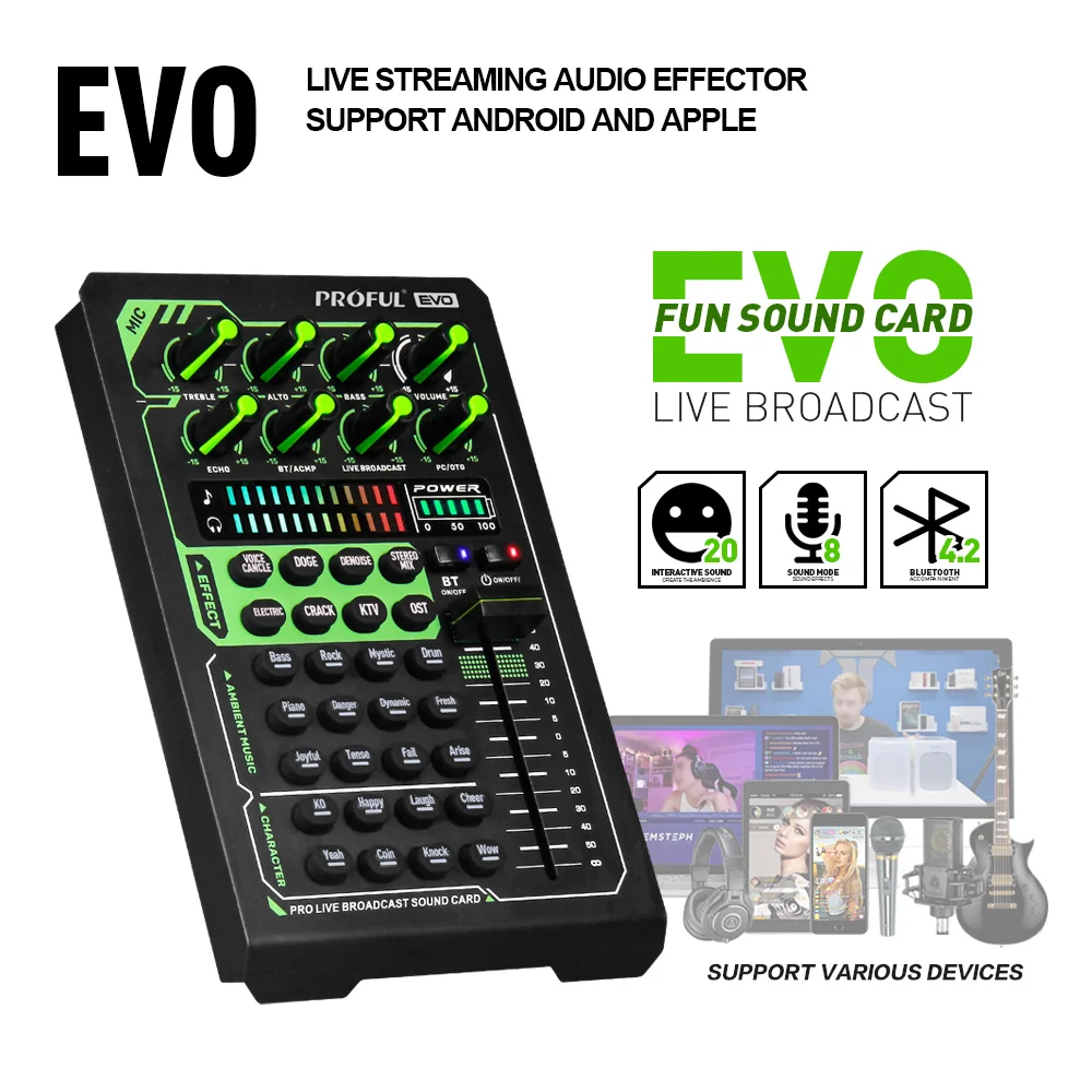 EVO 프로 믹서 사운드 카드 오디오 믹서, 배터리 포함, 라이브 웹캐스트, 보이스 오버 게임, 배경 음악용, 블루투스 20 사운드