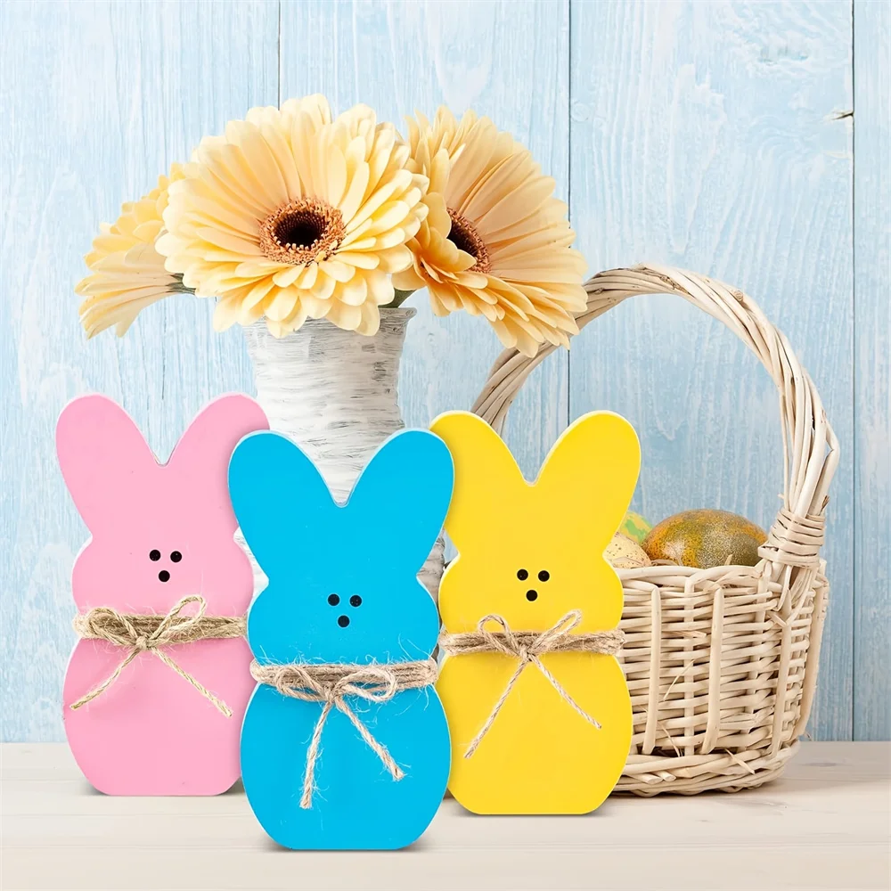 3Pcs Easter Wooden Sign Pink Blue Yellow Easter Bunny Wooden Table Centerpieces with Jute Rope Freestanding Rabbit Decoration