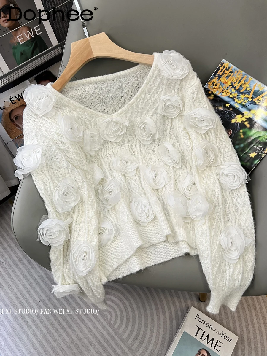 

Fall Women Sweater New Idle Style Loose Casual Exquisite Rhinestone Three-Dimensional Flower V-neck Knitted Pullover Sweater Top