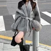Cosmo Winter New Loose Fit Lazy Style Chic Fashion V-neck blend Coat for Women Wide Sleeves Outwear Stripes Female Wool Coat 4