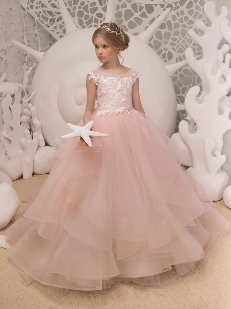 

Pink Flower Girl Dresses Tulle Tiered Appliques With Tailing Sleeveless For Birthday Wedding Party Banquet Princess Gowns