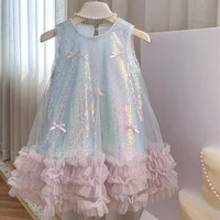 Robe d'été en coton pour filles, nouvelle collection, style coréen, avec nœud scintillant, jupe de princesse décontractée et simple pour les fêtes quotidiennes 1