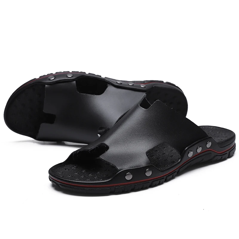 

Summer Men Slippers Genuine Leather Breathable Clogs Sandals Beach Classics Leather Slides Outdoor Flip Flops Plus Size Men Shoe