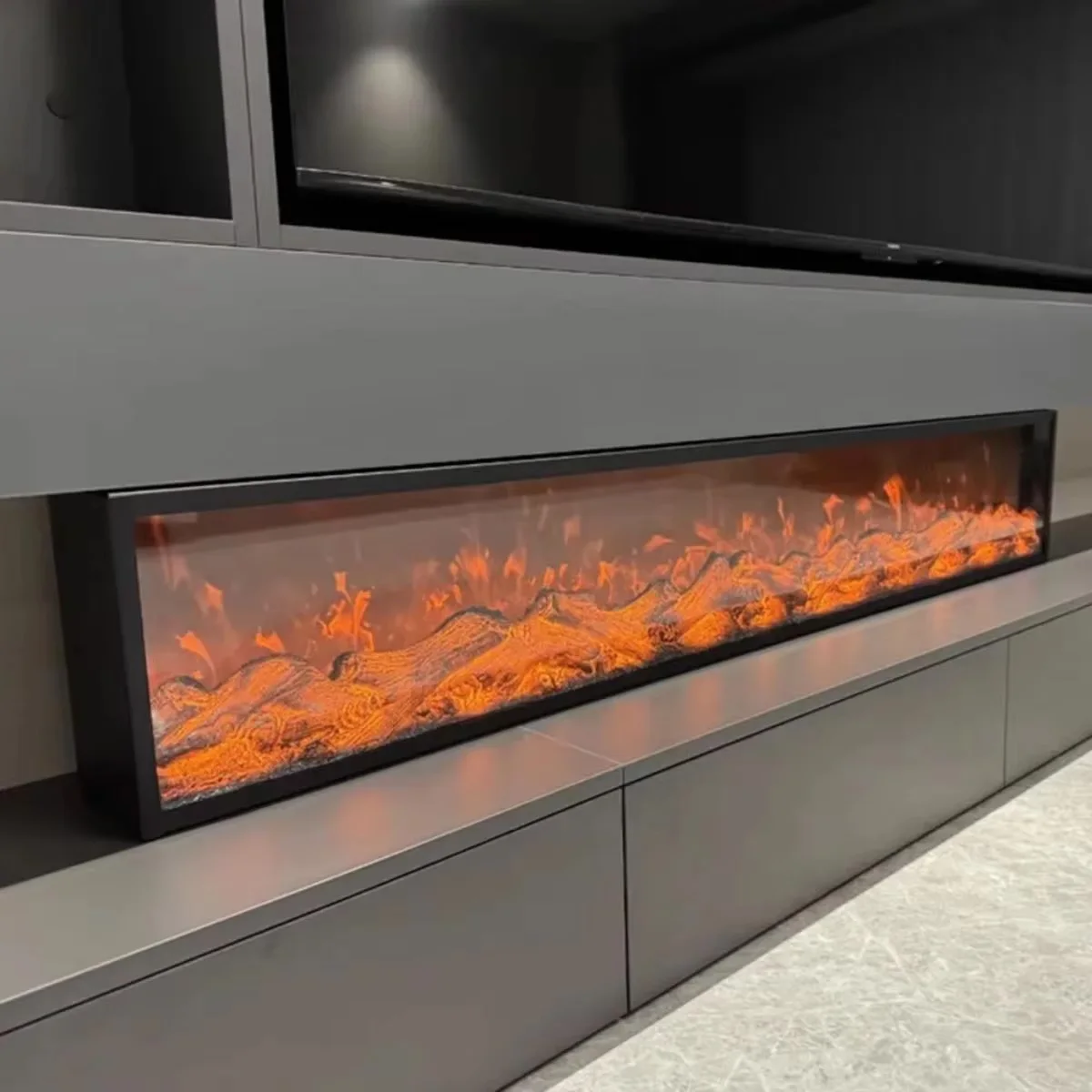 เตาผิงไฟฟ้า LED 2 มิติ ทันสมัย ติดผนัง พร้อมขาตั้งทีวีกระจก สำหรับตกแต่งภายในโรงแรม วัสดุโลหะ 1