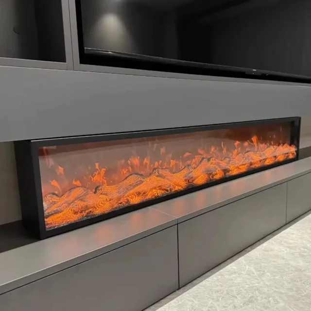 เตาผิงไฟฟ้า LED 2 มิติ ทันสมัย ติดผนัง พร้อมขาตั้งทีวีกระจก สำหรับตกแต่งภายในโรงแรม วัสดุโลหะ 1