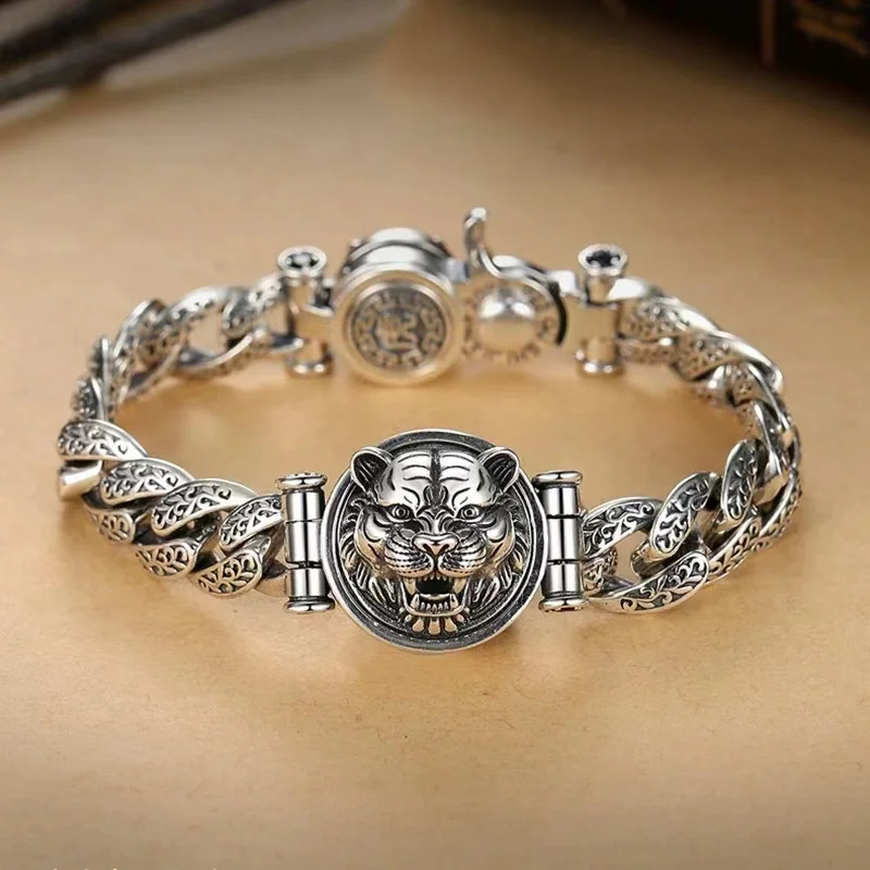 

Retro 925 Sterling Silver Personality Tang Grass Tiger Bracelet Male Hipster Men Tiger Zodiac Domineer Punk Can Turn