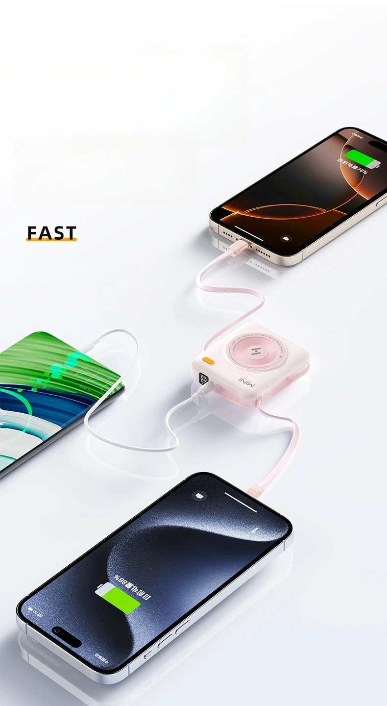 20000mAh 초고속 충전 휴대용 보조배터리 (내장 케이블 포함) - 컴팩트하고 빠른 충전