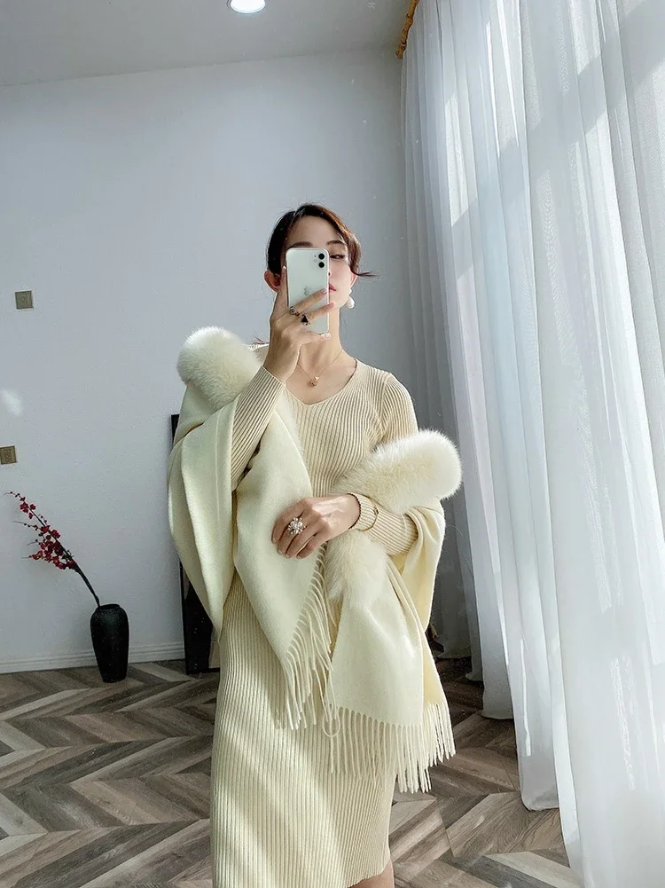 Fox Real Fur Collar Solid Wool Fur Shawl Cape Scarf Wedding Cheongsam Fringed Plaid Outer Wear Fashion Slim Women's Clothing 1pc