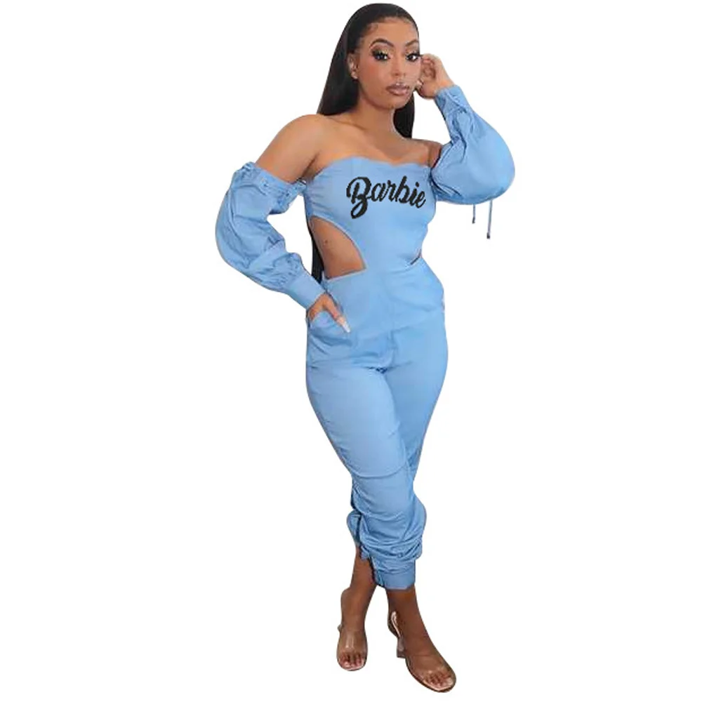 Off Shoulder Letter Print Women Jumpsuit Autumn Waist Band Cut Out Backless Bodysuit Streetwear Long Sleeve Long Playsuits 2023