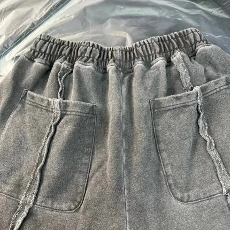 Embroidered washed and worn-out heavyweight shorts, American high street drape, deconstruction and splicing drawstring capris