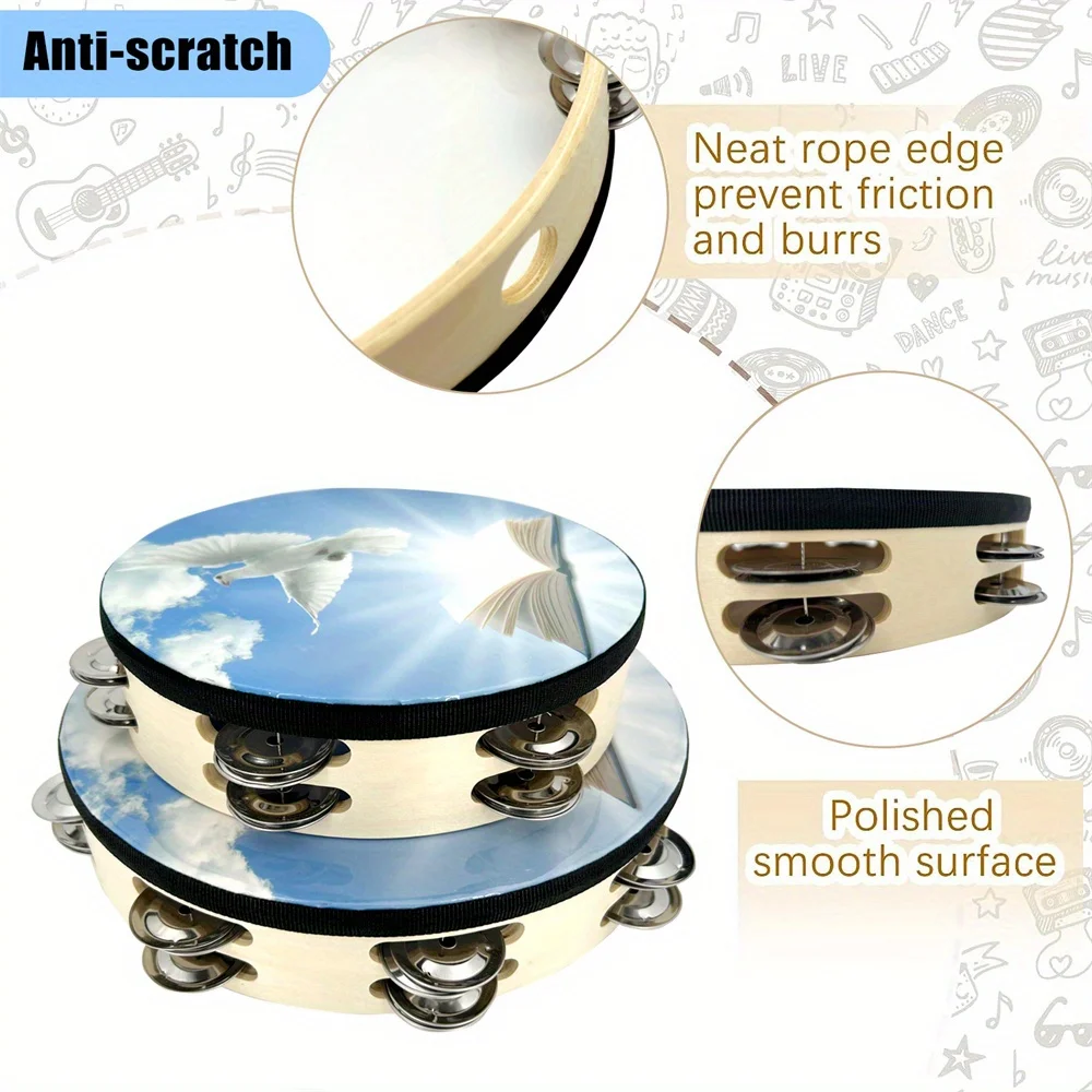 8/10-inch Blue Sky Dove Tambourine Double Row Bells Hand Drum Percussion For Dance Party Music Room