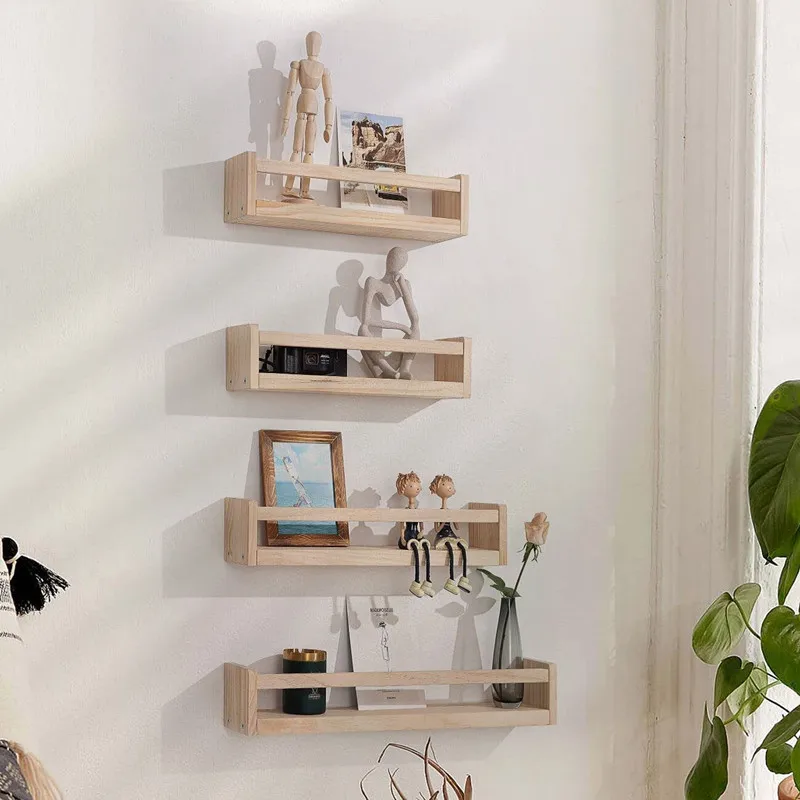 Floating Wooden Wall Shelves Metal Fixing Without Drilling Under TV Rack  Adhesive Hanging Home Bedroom Bathroom Decor Furniture
