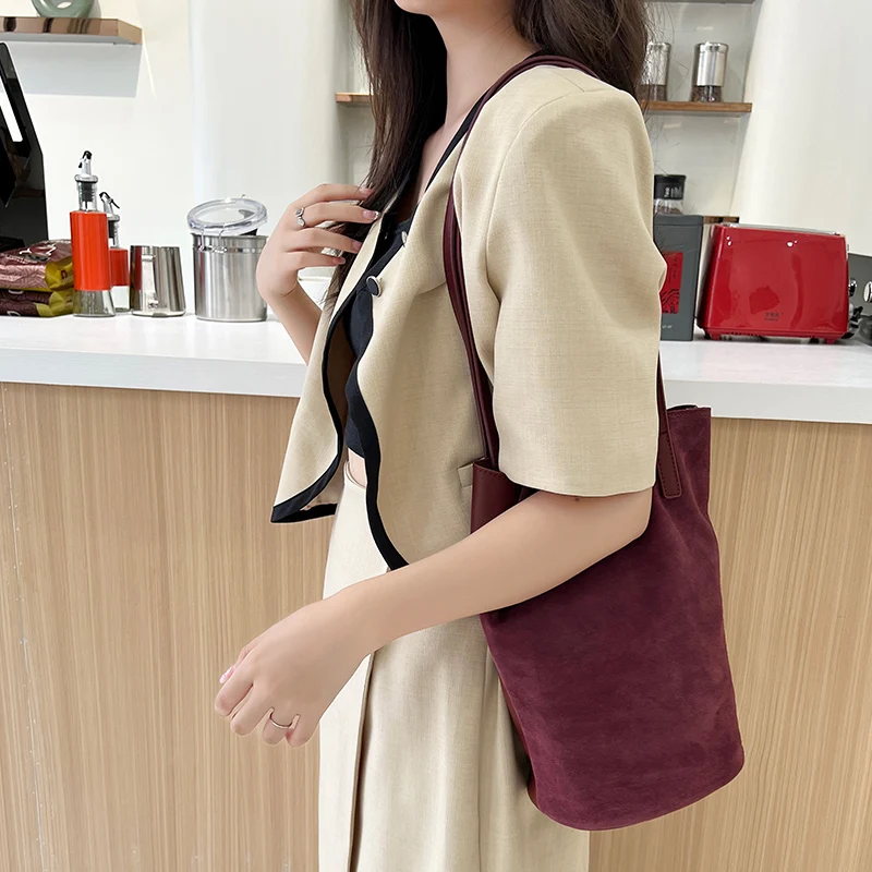 100% Genuine Leather Bucket Bags for Women Luxury S Class Suede Tote Bag with Coin Purse Large Capacity Shoulder Crossbody Bag