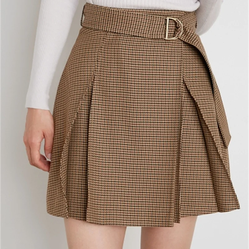 

2022 Autumn New Women Jupe Japanese Temperament Commuter Falda High Waist Metal Button Belt Slim Solid Plaid Mini Skirt