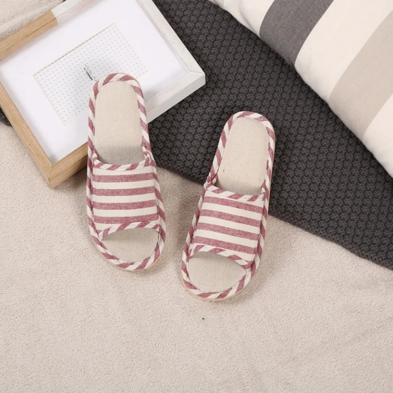 Women Cozy Flat Linen Shoes Autumn Men Indoor Home Linen Slides Four Season Floor Flip Flops Adults Comfortable Striped Sandals 4