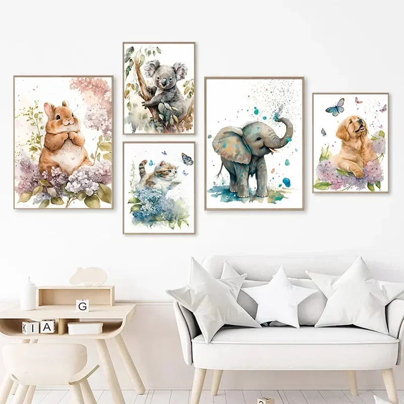 Elephant Panda Tiger Koala Cat Cartoon Animal Watercolor Posters Nursery Canvas Painting Wall Art Print Pictures Baby Room Decor 4