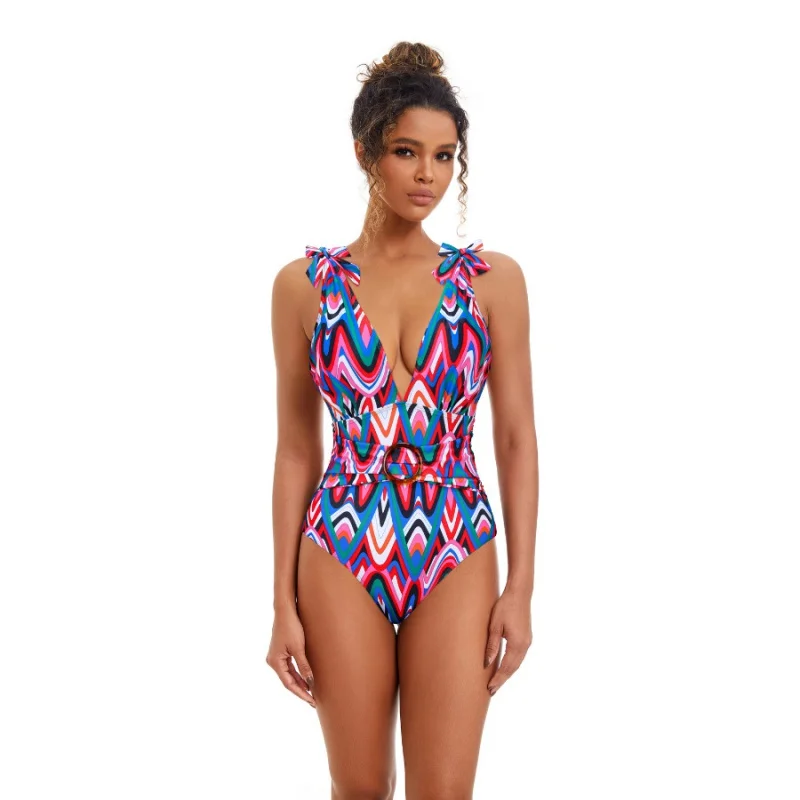 2024New Hot Spring Sexy One Piece Swimsuit Women's Conservative Printed Swimsuit Wrap Skirt Suit