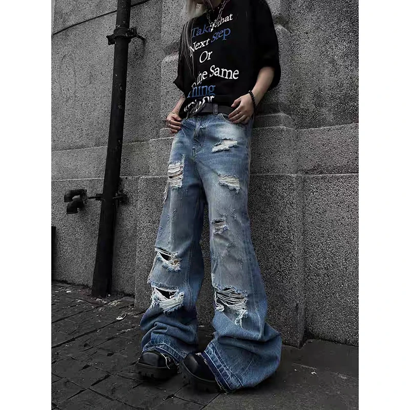 ZHIZOU American Retro Y2K 2000s Ripped Blue Jeans Women Loose Wide Legs 2026 Spring Style Design High Waist Straight Trousers 1