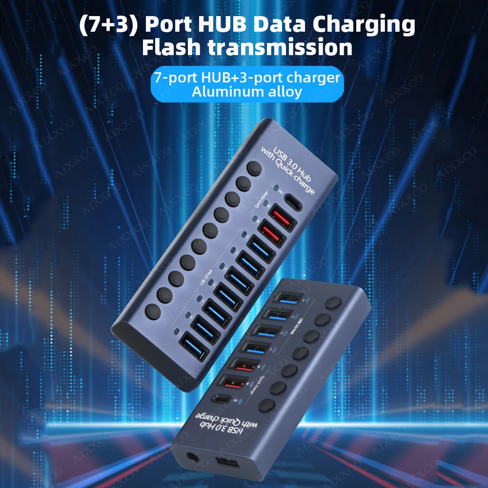 Aixxco Multi Splitter de Alta Velocidade com Interruptor Adaptador de Energia Expansor Múltiplo com Carregador pd Usb 3.0 Hub 10 Portas - Imagem 2