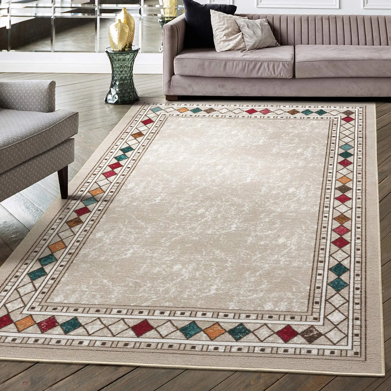 

Modern Art Pattern Border Absorbent Non-slip Thin Velvet Rubber Backing Bedroom and Living Room Area Carpet Tapetes De Sala
