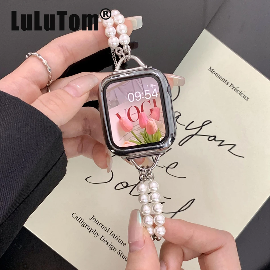 

Metal Strap For Apple Watch UItra 8 7 49mm 45mm 44mm Luxury Dual Pearl Chain Band For iWatch Series 6 5 SE 42mm 40mm 38mm Correa