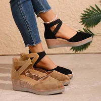 Sandales compensées en daim à bout pointu pour femme, avec semelles épaisses, confortables, à enfiler et à découpes – Offre spéciale 3