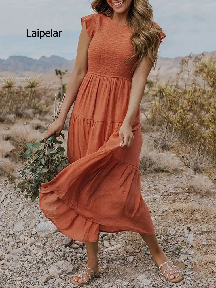 

Summer Pleated Dress Women Long Party Dress Ladies Flying Sleeve Fashion Casual A Line Dress For Women