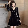 Women Spring Autumn Korean Fashion Solid Color Pleuche V-neck Long Sleeve Dresses Ladies All-match Temperament A-line Skirt 5