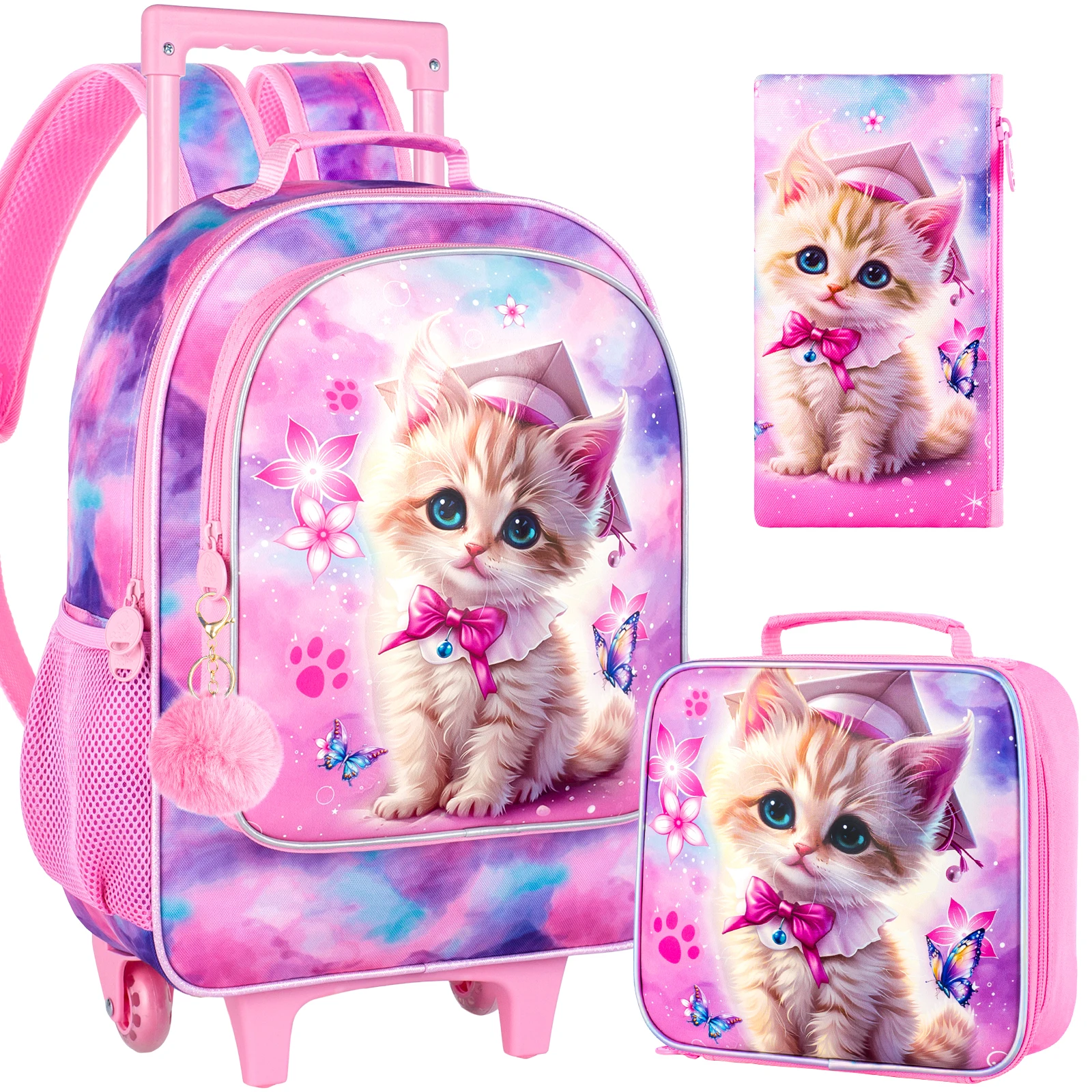 CCJPX Zaino Con Ruote Per Ragazze 45,7 Cm - Gatto Rosa Con Paillettes, Include Borsa Pranzo