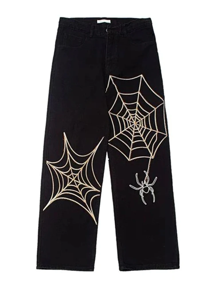 Spider Web Embroidery Woman Jeans High Street Harajuku Vintage Pants  Streetwear High Waisted Black Jeans Loose Trousers CS925