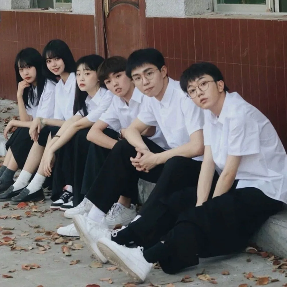 Casual Classic White Shirt Basic Preppy Style Loose Fit Shirt Simple Short Sleeve Blouse High School Students 2