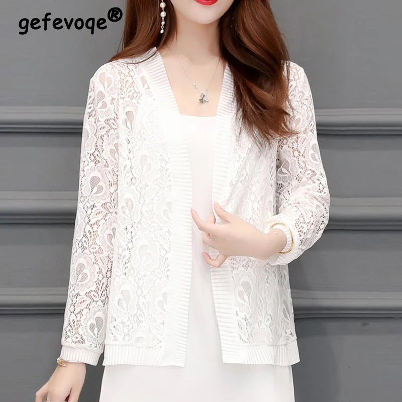 Women's Clothing 2023 Sexy Hollow Lace Elegant Sunscreen Shirts Summer Korean Fashion Solid Long Sleeve Loose Thin Cardigan Coat