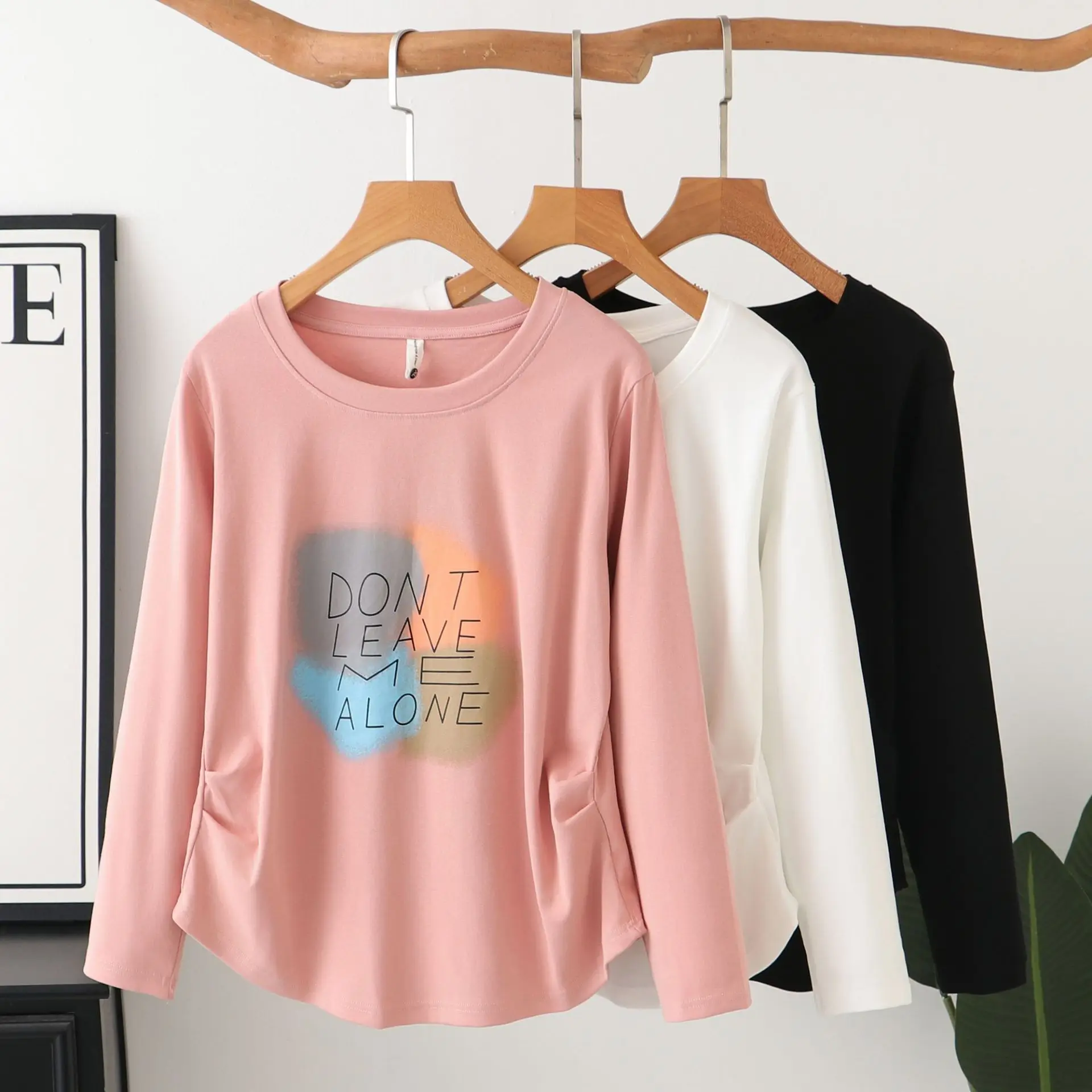 XXXXL Fashion Plus Size Women's T-Shirt Autumn New Simple Pleated Cinched Waist Printed Colorful Printed Long Sleeved Tops 8220