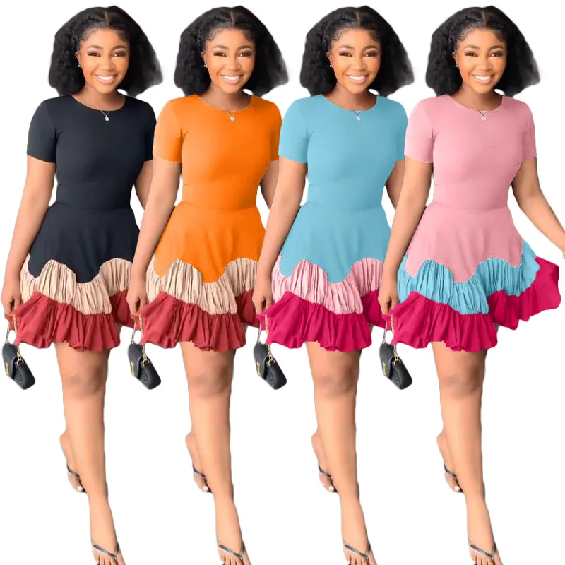 

Fashion Women Contrast Colors Short Sleeve Pleated Dress O-neck Ruffles Bottom Casual Short Dresses Party Office Lady Wear