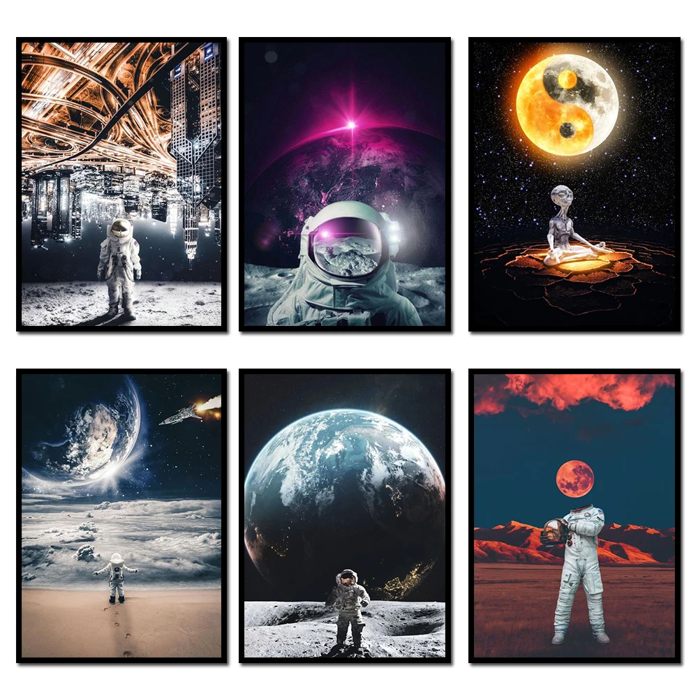 

Modern Abstract Graffiti Astronaut Space Illusion Walk Color Poster Canvas Painting Print Living Room Home Decoration Mural