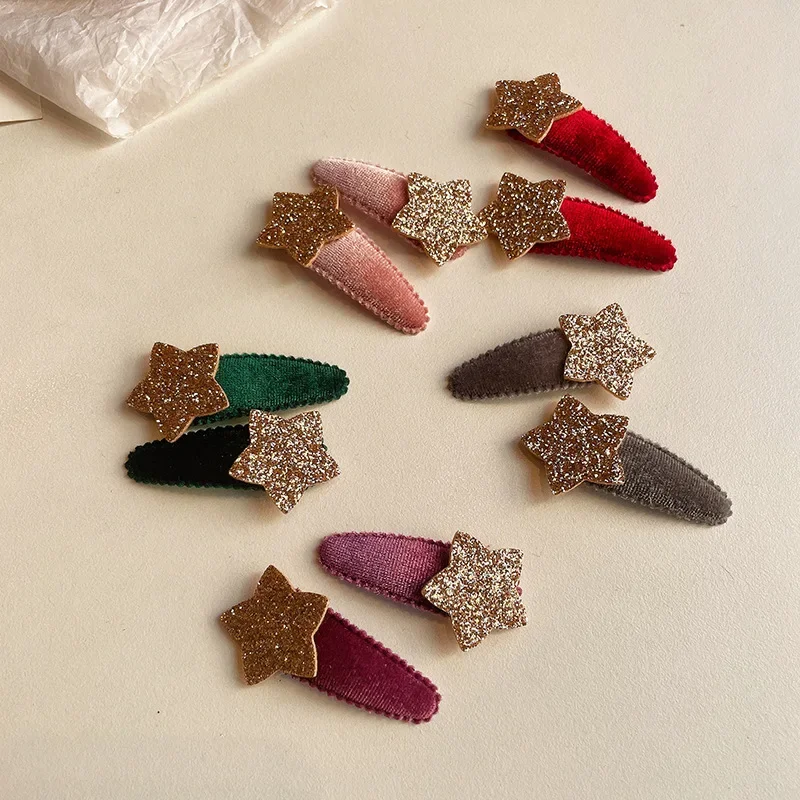 2pcs Five-pointed Star Broken Hair BB Princess Fabric Velvet Water Drop Bangs Clip Headwear Girls Kids